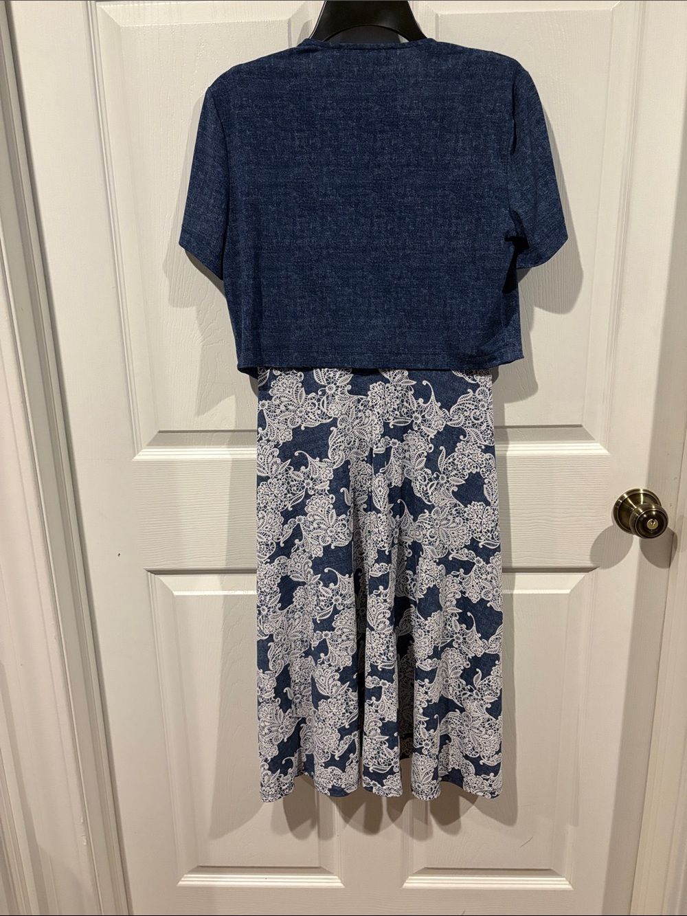Perceptions Navy and White Floral Lace-Print Dress with Denim Look Bolero - Picture 5 of 5